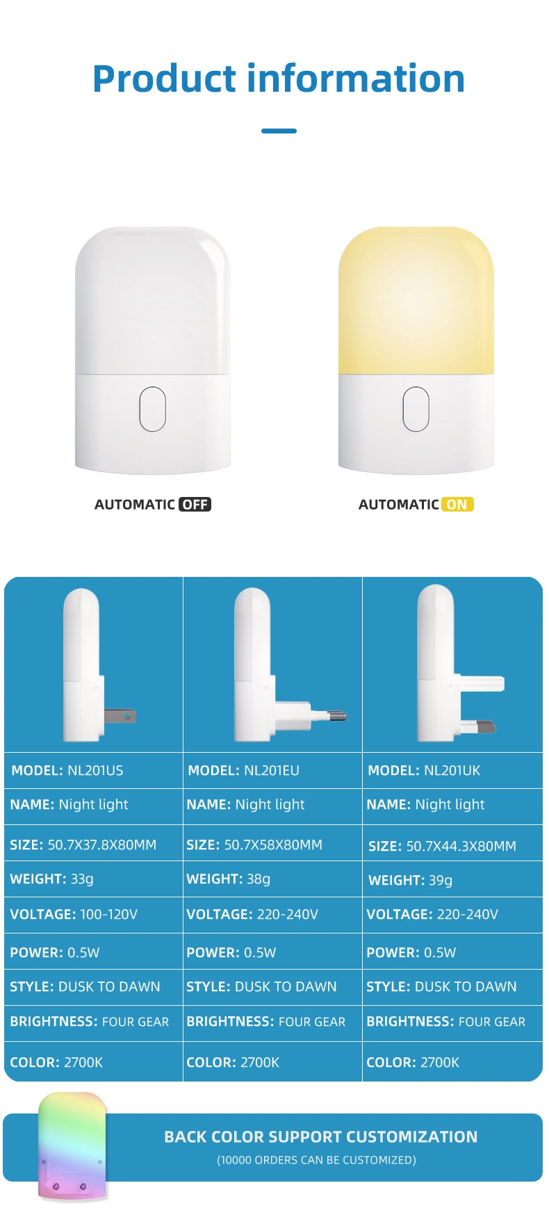 PIR Infrared Motion Sensor Wireless Auto Smart Control Us EU 110V 230V Mini LED Plug in Night Light Lamp for Bedroom